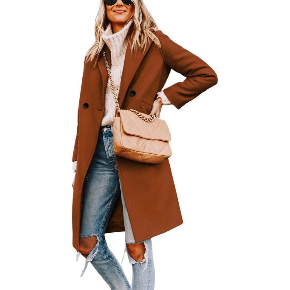 🆕Women's Caramel  Winter Wool Coat Casual Notch Lapel Single-Breasted Peacoat